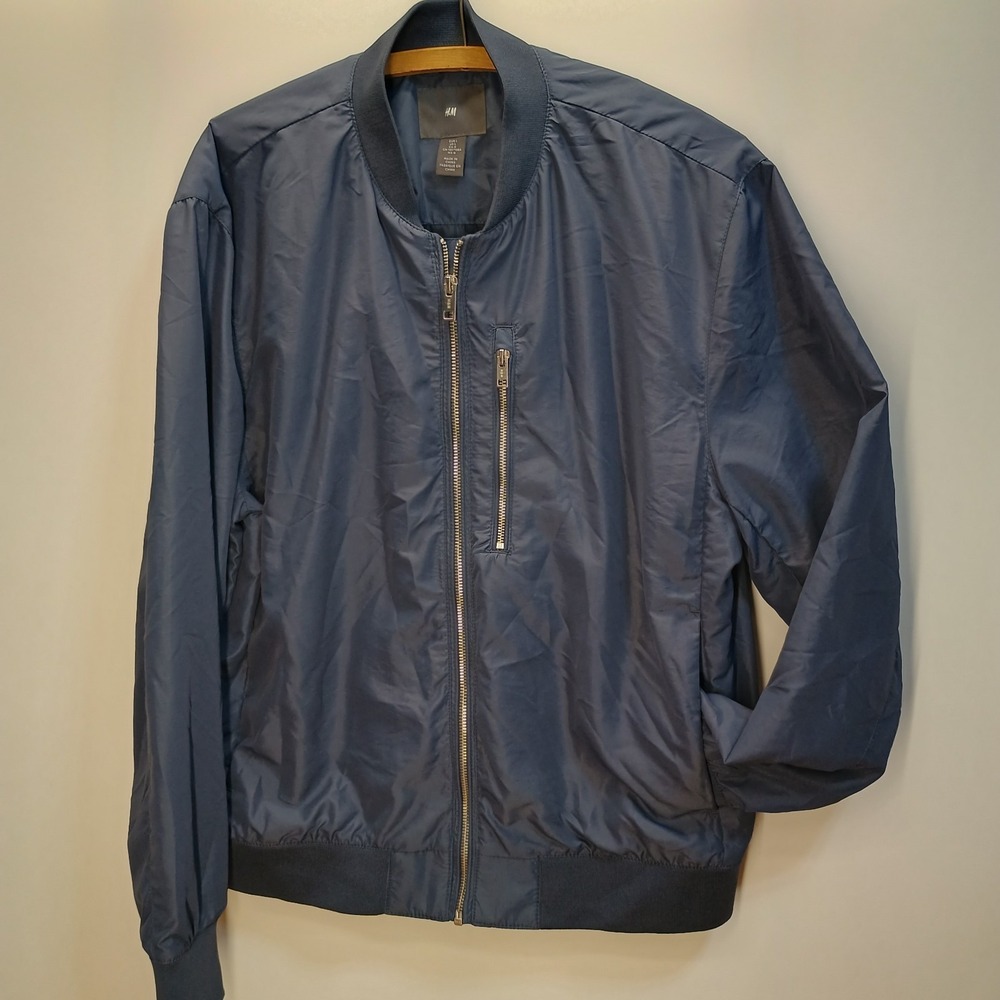 H & M Jacket Men's LARGE Bomber Windbreaker Long Sleeve Full Zip Dusty Blue Coat